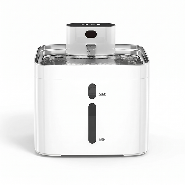 Cordless rechargeable pet water fountain with stainless steel tray on white background
