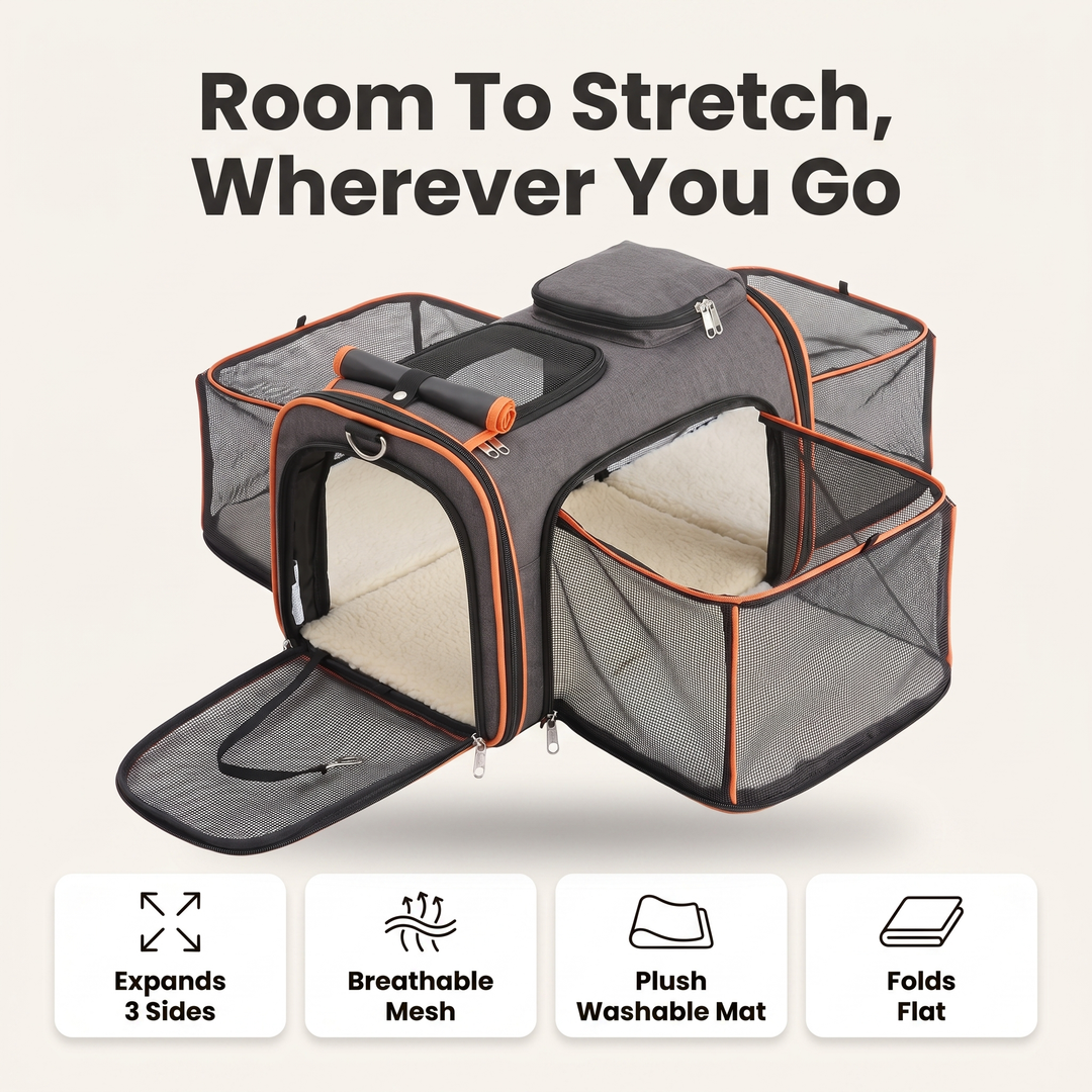 Expandable cat carrier feature overview: expands 3 sides, breathable mesh, plush washable mat, folds flat
