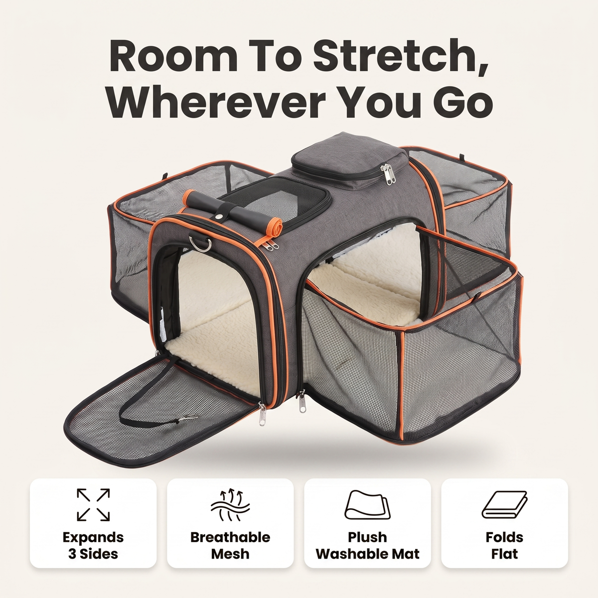 Expandable cat carrier feature overview: expands 3 sides, breathable mesh, plush washable mat, folds flat