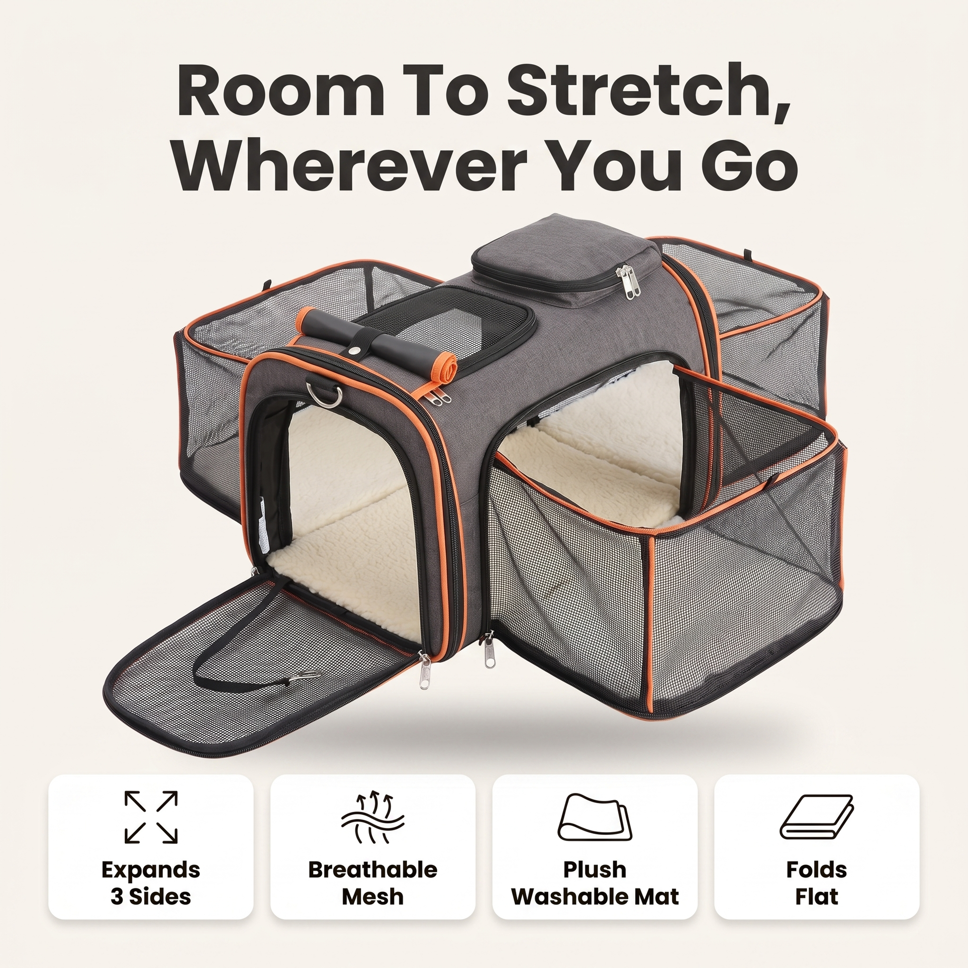 Expandable cat carrier feature overview: expands 3 sides, breathable mesh, plush washable mat, folds flat