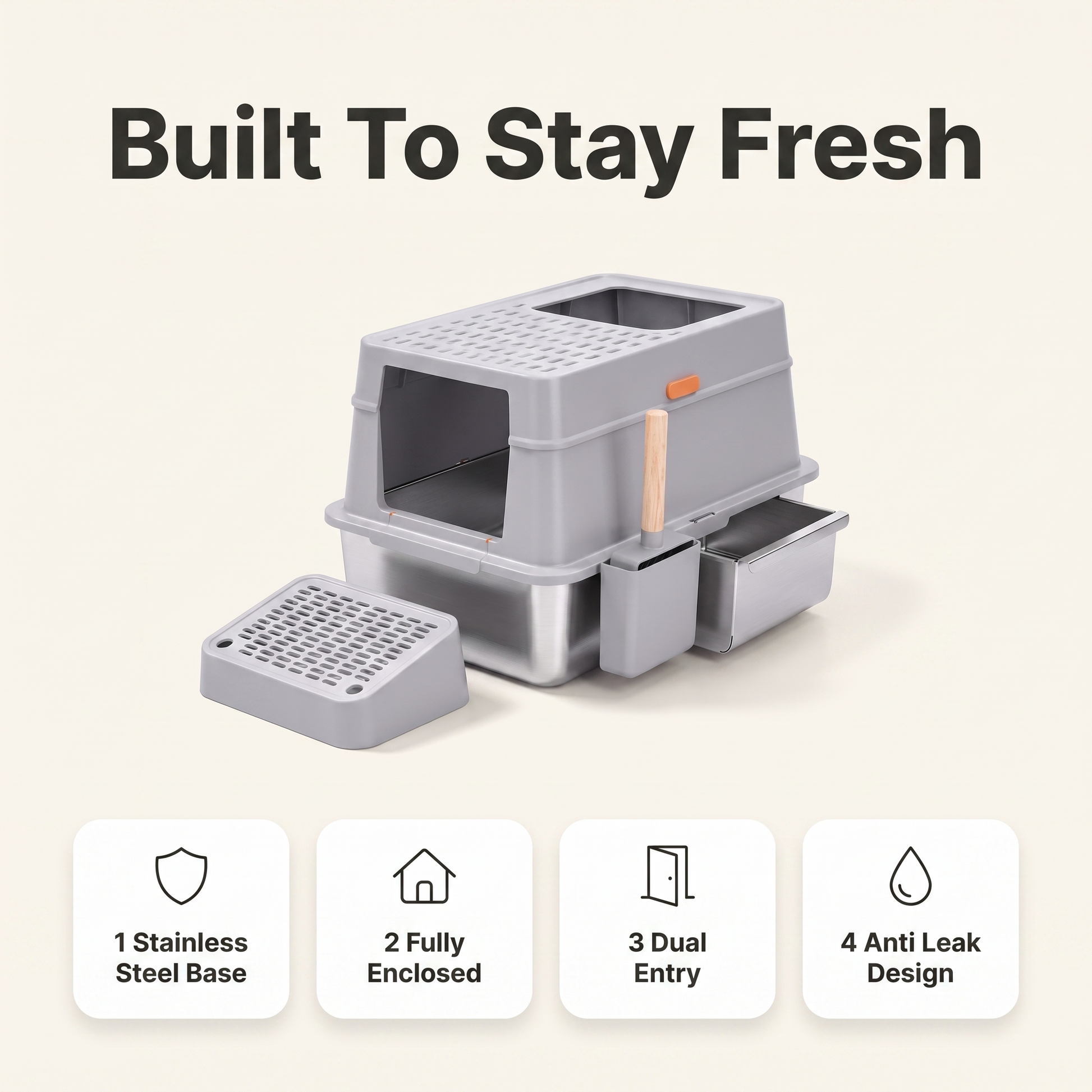 Stainless steel litter box feature summary: steel base, fully enclosed, dual entry, anti leak design
