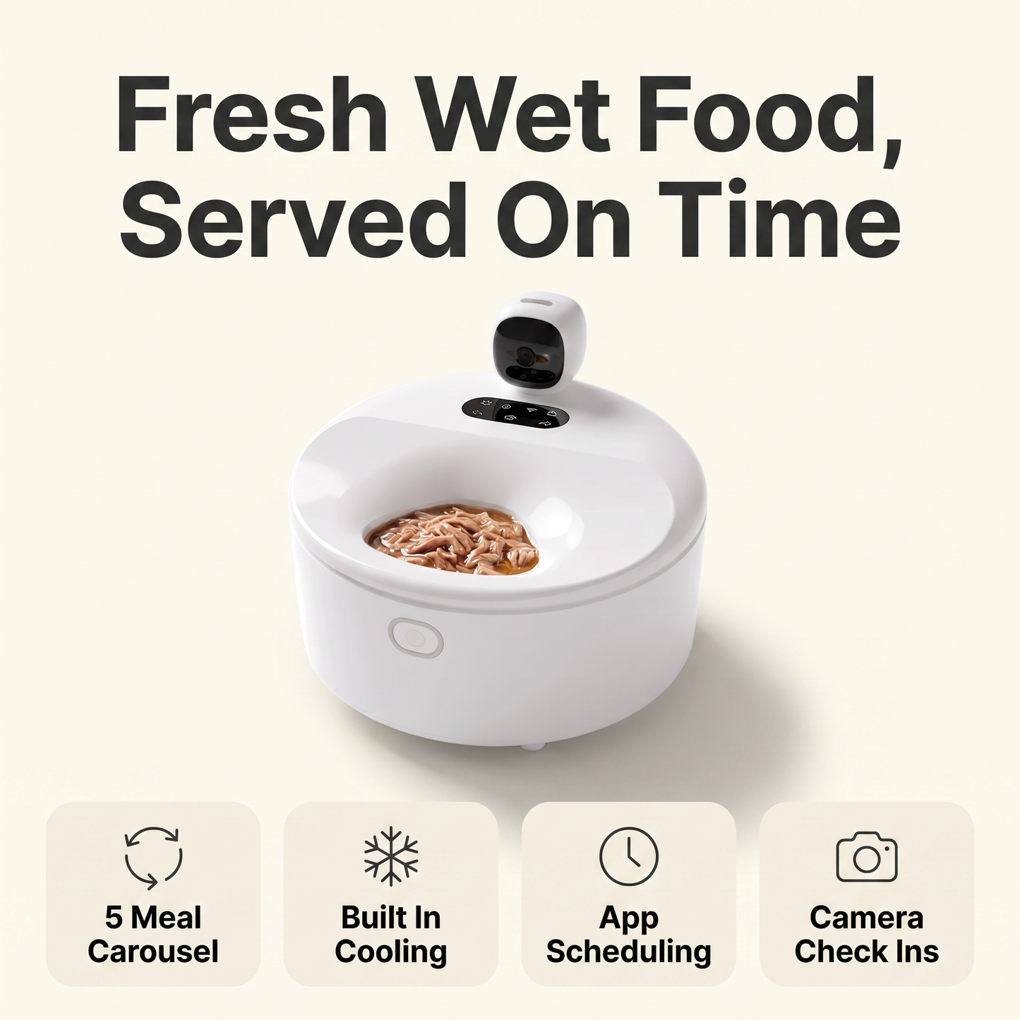 Automatic wet food feeder infographic: 5 meal carousel, built in cooling, app scheduling, camera check ins
