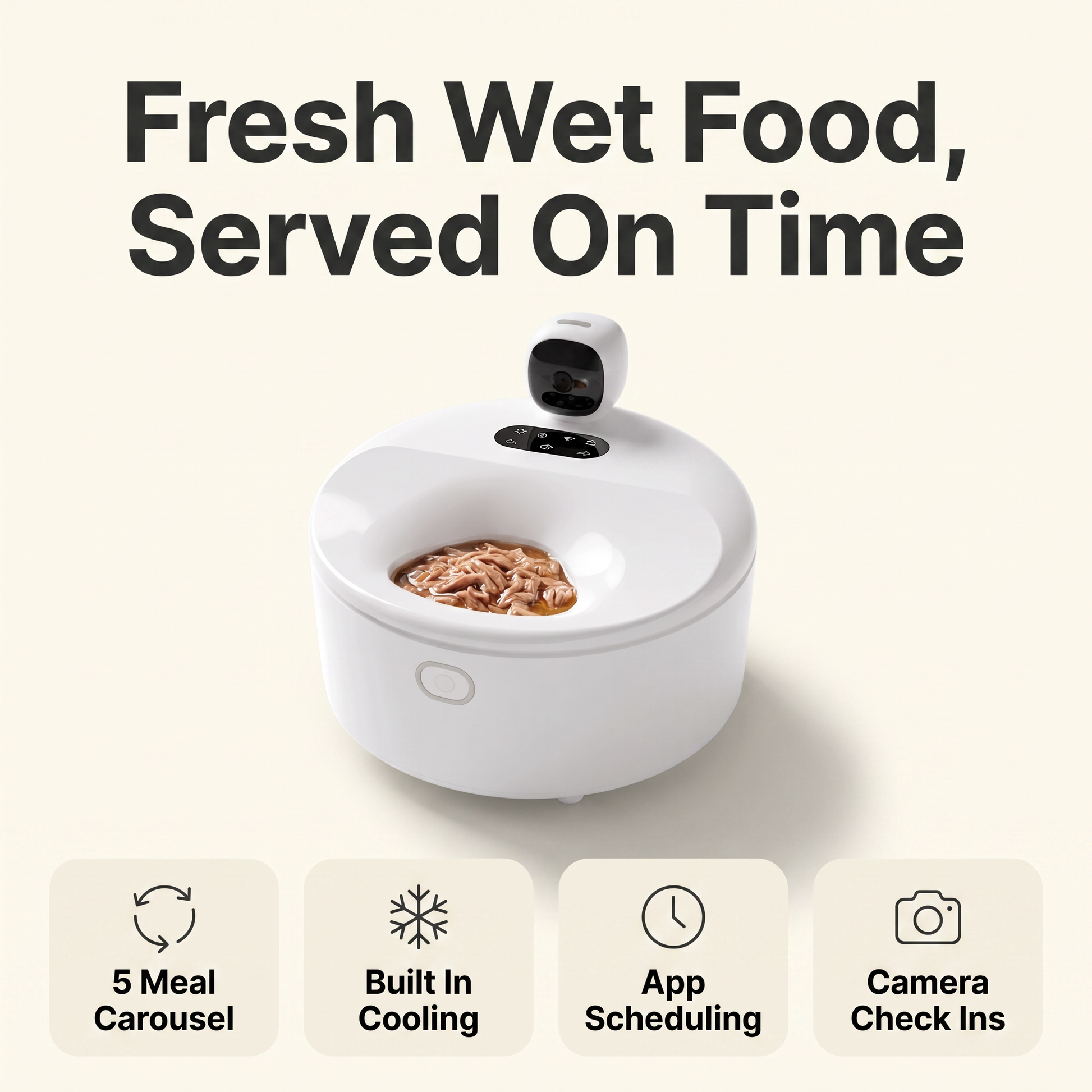 Automatic wet food feeder infographic: 5 meal carousel, built in cooling, app scheduling, camera check ins