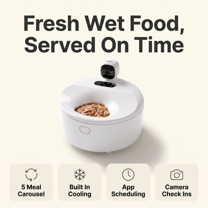 Automatic wet food feeder infographic: 5 meal carousel, built in cooling, app scheduling, camera check ins