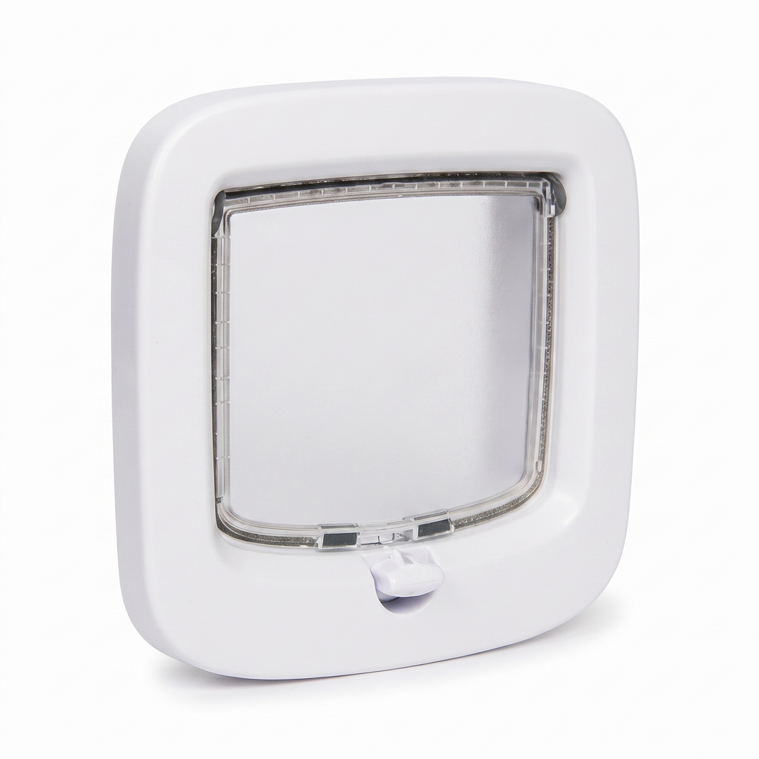 White cat flap with frosted flap window and 4 way locking dial on a white background