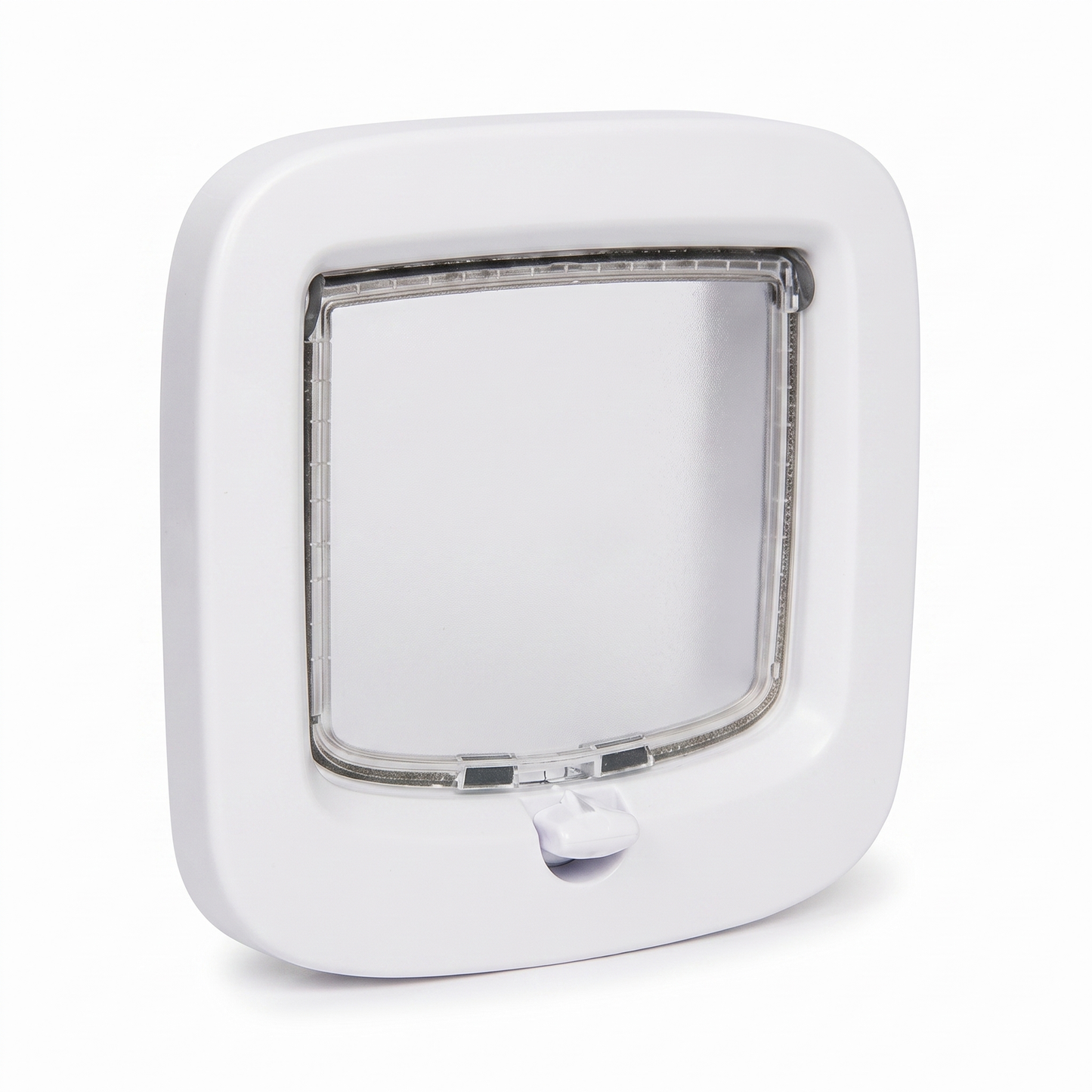 White cat flap with frosted flap window and 4 way locking dial on a white background