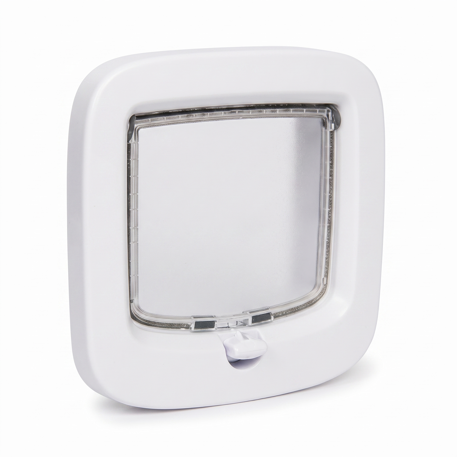 White cat flap with frosted flap window and 4 way locking dial on a white background