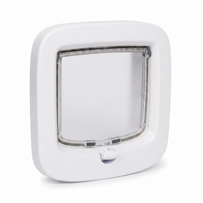 White cat flap with frosted flap window and 4 way locking dial on a white background