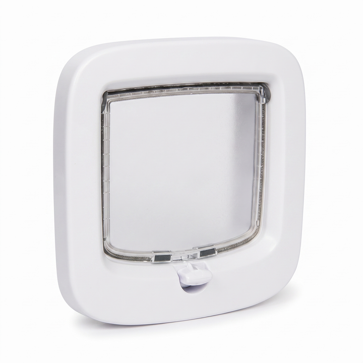 White cat flap with frosted flap window and 4 way locking dial on a white background