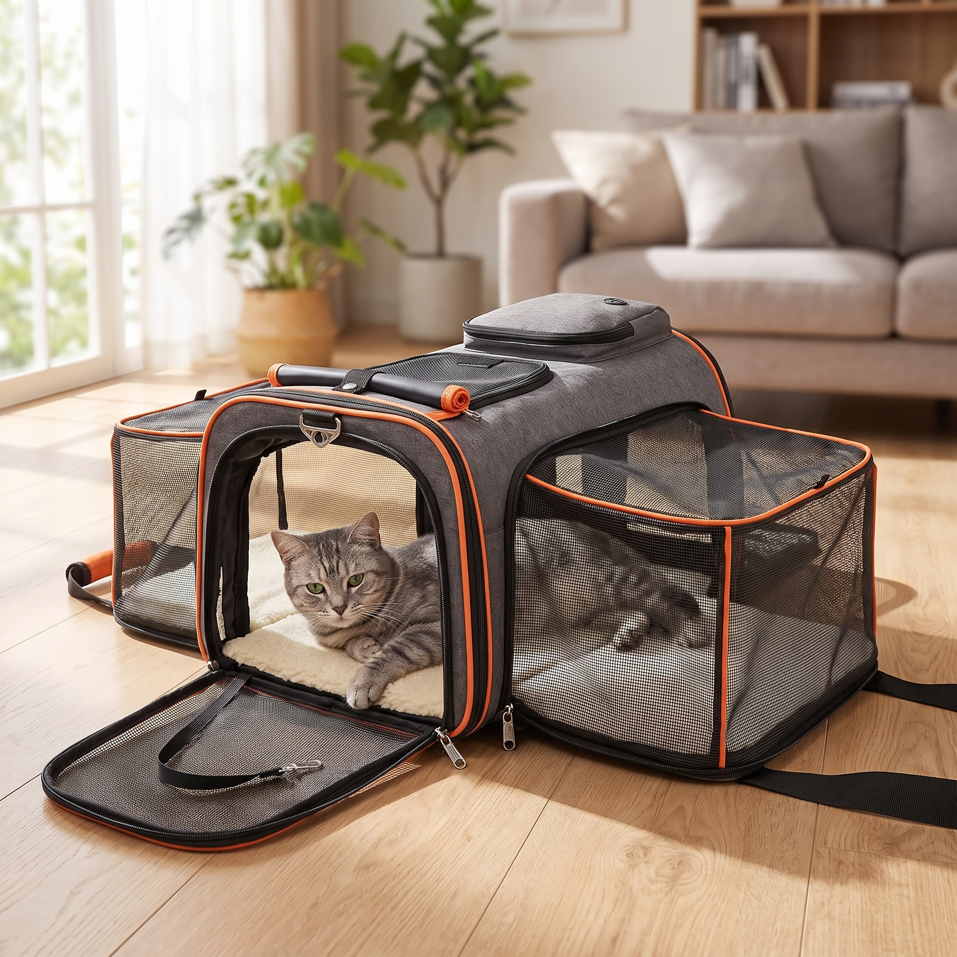 Grey tabby cat relaxing inside the fully expanded cat carrier on a living room floor