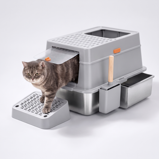Grey cat stepping out of an XL fully enclosed stainless steel litter box
