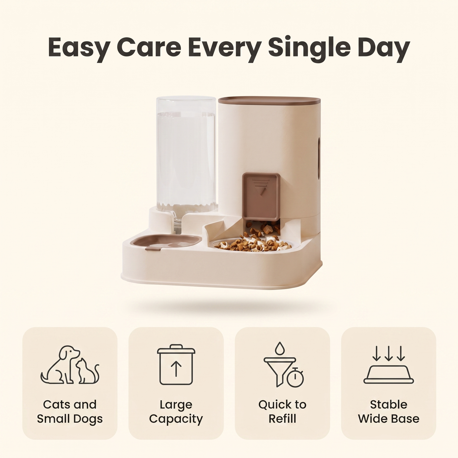 Feature infographic: suits cats and small dogs, large capacity, quick to refill, stable wide base
