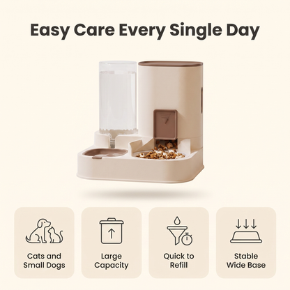 Feature infographic: suits cats and small dogs, large capacity, quick to refill, stable wide base