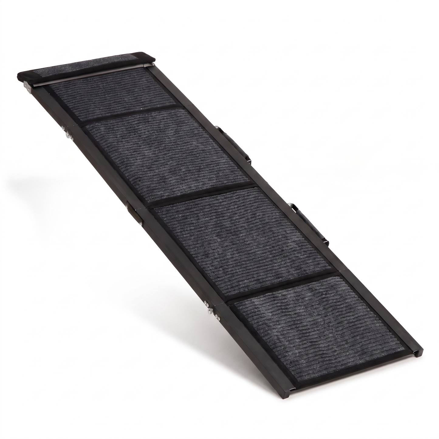 Folding heavy duty dog ramp with black frame and charcoal non-slip carpet on white background