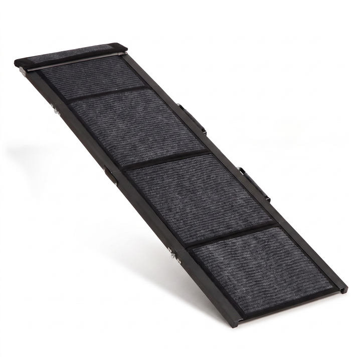 Folding heavy duty dog ramp with black frame and charcoal non-slip carpet on white background