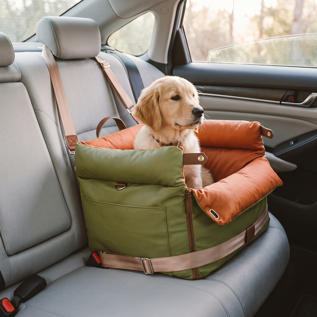 Dog car seat secured on a car back seat with headrest strap and seat belt, puppy sitting inside