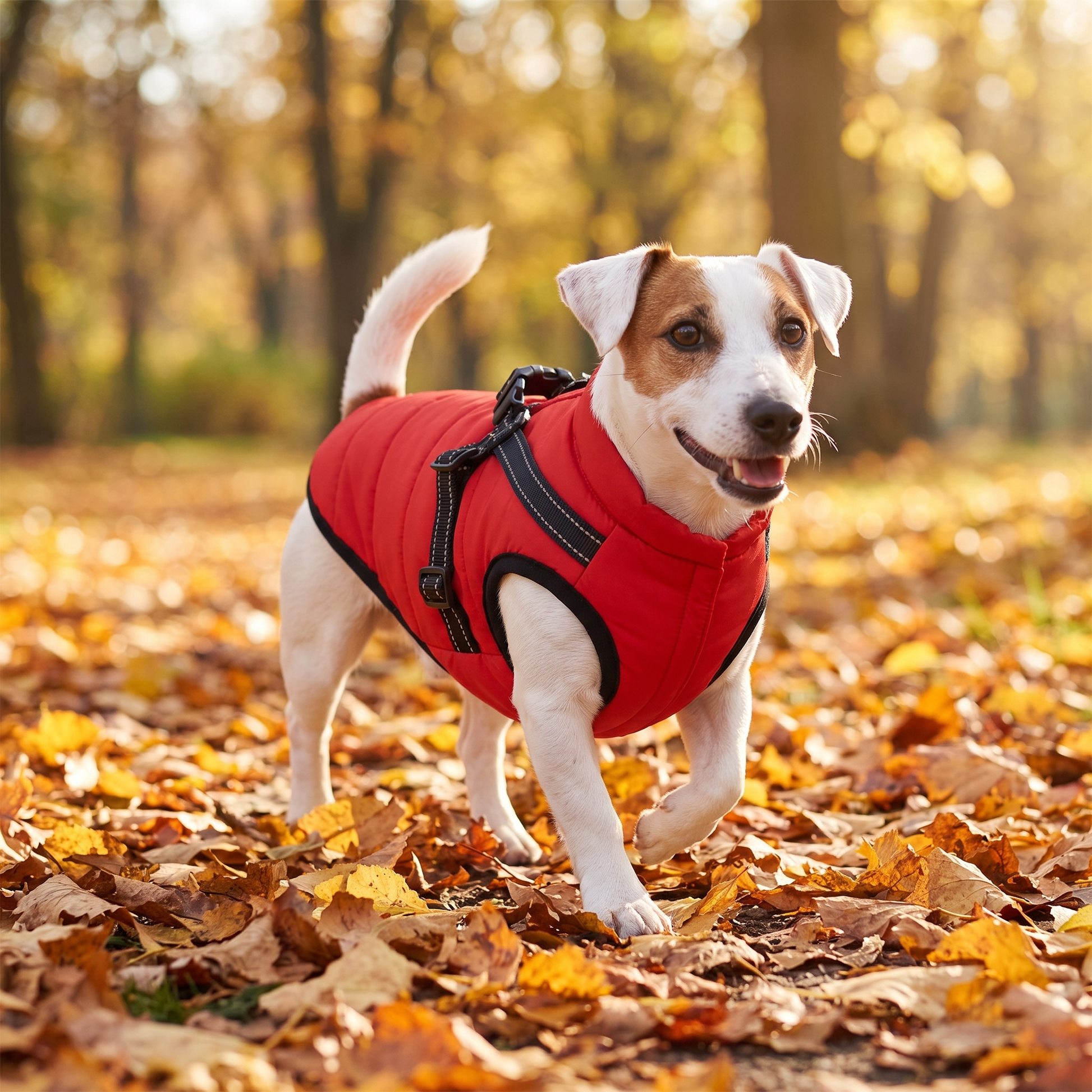 Dog walking through autumn leaves in a red quilted dog coat with built in harness