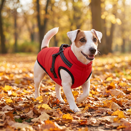 Dog walking through autumn leaves in a red quilted dog coat with built in harness