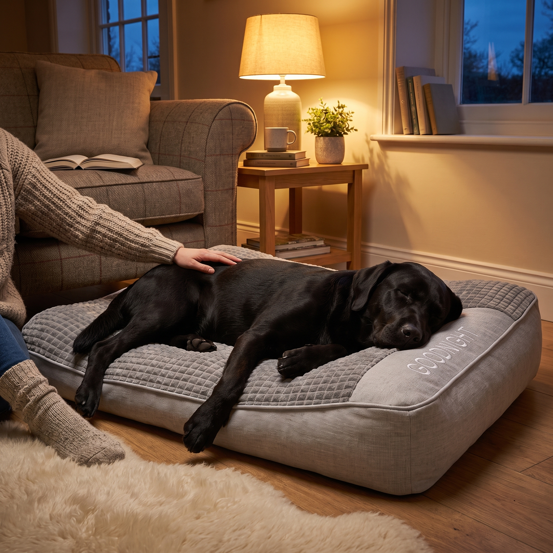 Black Labrador asleep on the grey orthopaedic dog bed beside its owner on a cosy evening