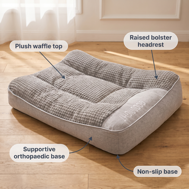 Grey orthopaedic dog bed with labelled raised bolster headrest, waffle top, supportive base and non-slip base