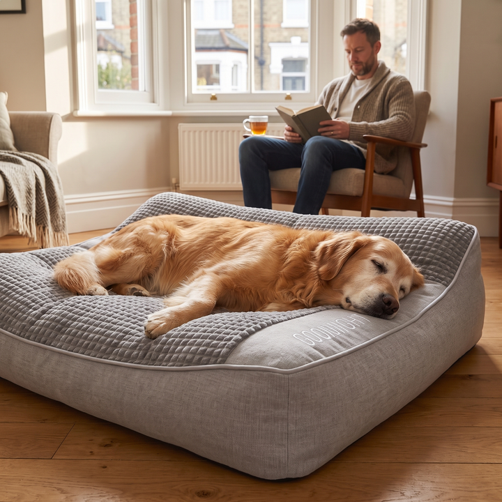 Older golden retriever resting its joints on the grey orthopaedic dog bed while its owner reads nearby