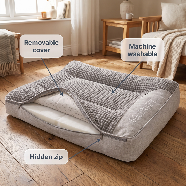 Grey orthopaedic dog bed with removable machine washable cover and hidden zip