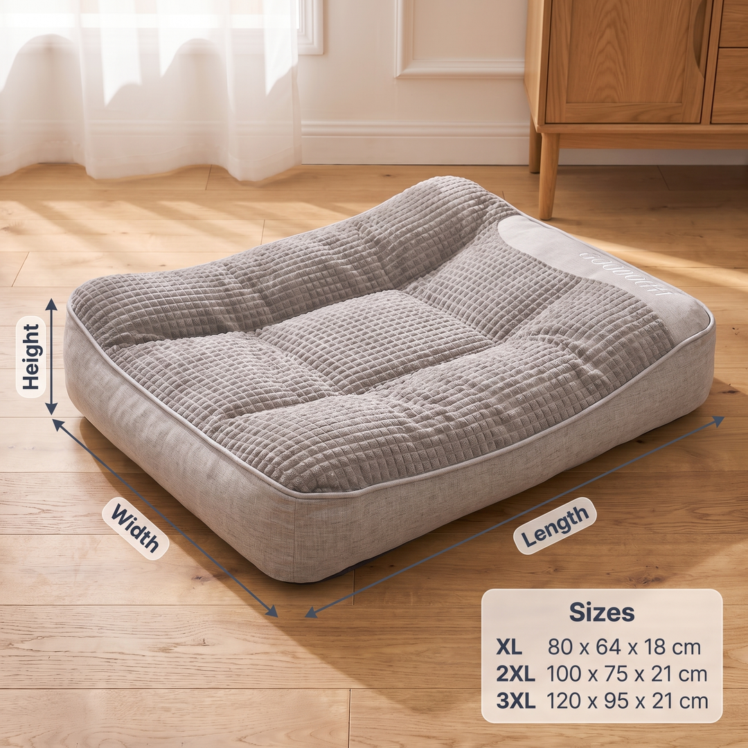 Size guide for the grey orthopaedic dog bed with length, width and height arrows: XL 80 x 64 x 18 cm, 2XL 100 x 75 x 21 cm, 3XL 120 x 95 x 21 cm