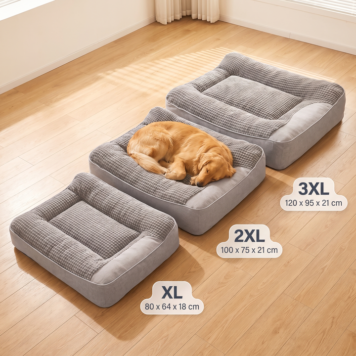 Size guide for the grey orthopaedic dog bed: XL 80 x 64 x 18 cm, 2XL 100 x 75 x 21 cm, 3XL 120 x 95 x 21 cm