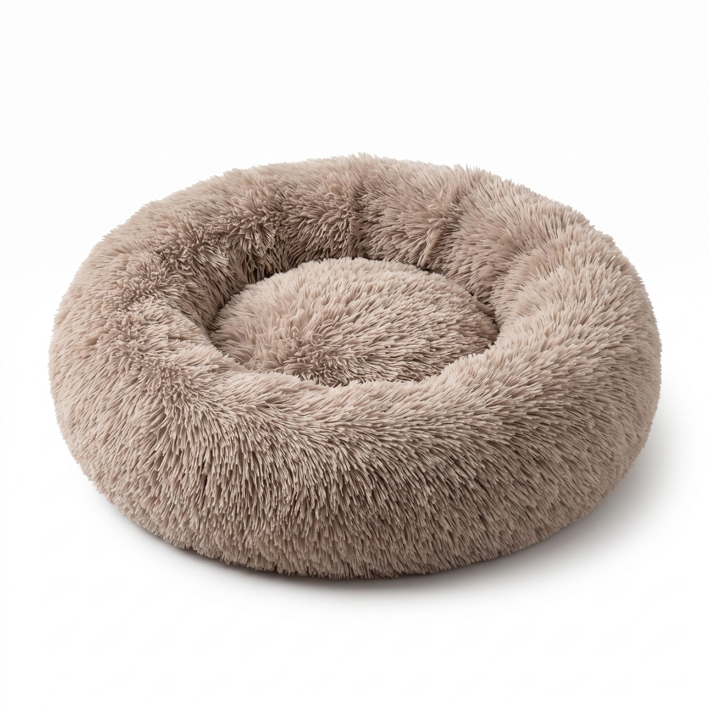 Light beige plush faux-fur donut pet bed