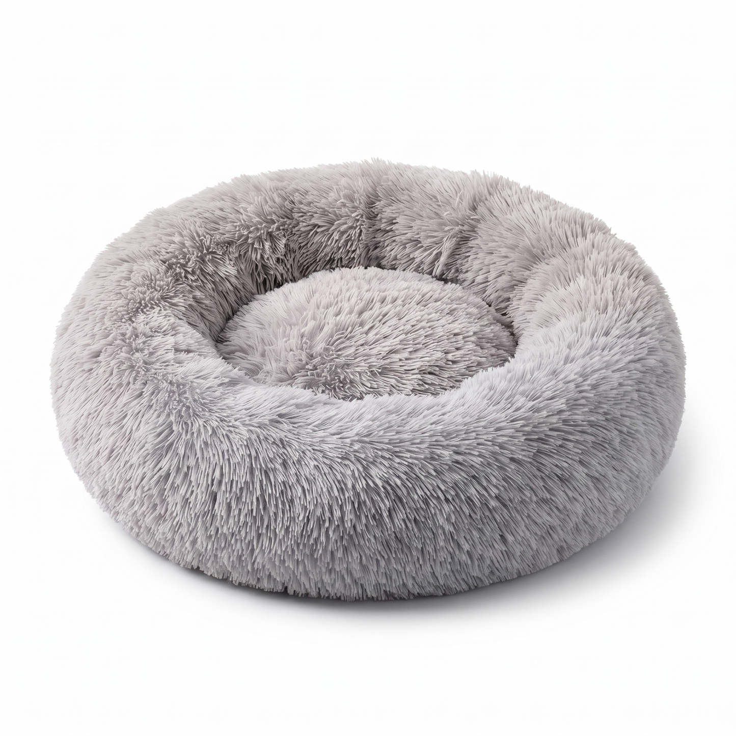 Light grey plush faux-fur donut pet bed