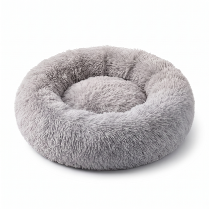 Light grey plush faux-fur donut pet bed