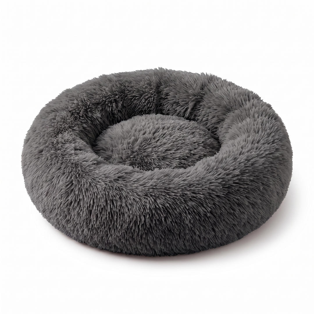 Dark grey plush faux-fur donut pet bed