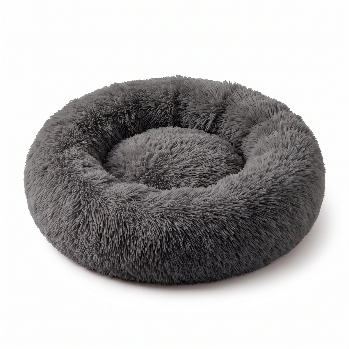 Dark grey plush faux-fur donut pet bed