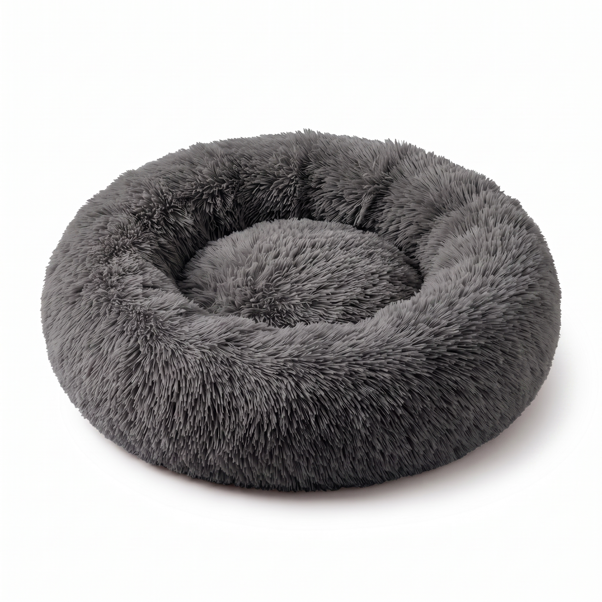 Dark grey plush faux-fur donut pet bed