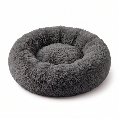 Dark grey plush faux-fur donut pet bed