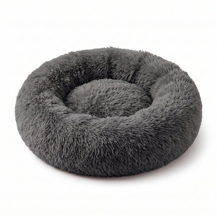 Dark grey plush faux-fur donut pet bed