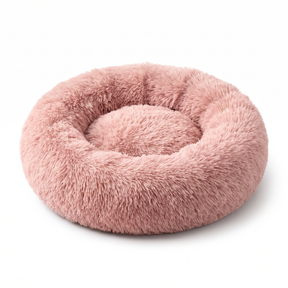 Light pink plush faux-fur donut pet bed