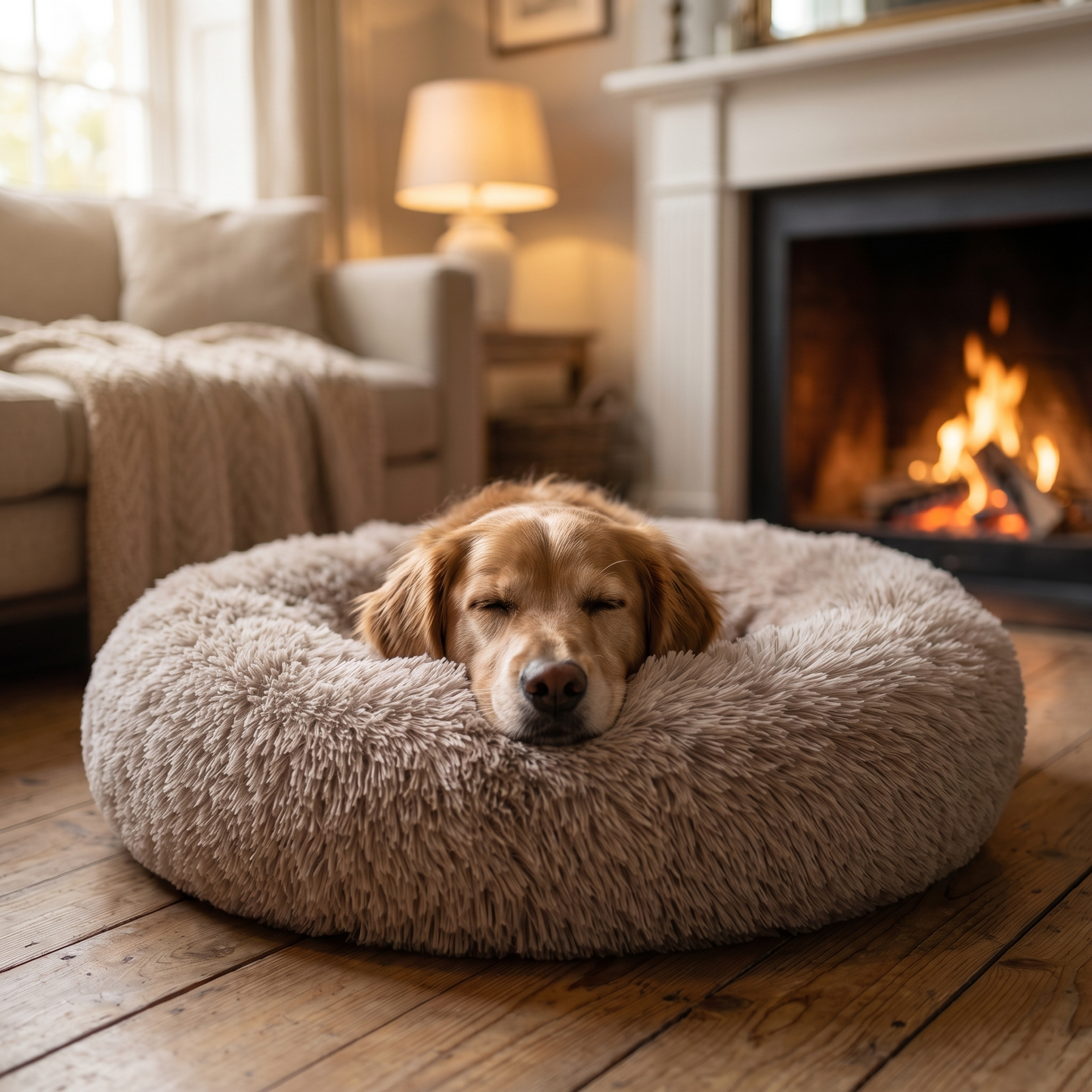 Dog resting its head on the raised rim of the donut bed