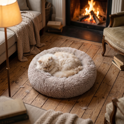 Fluffy cat curled up asleep in the donut pet bed