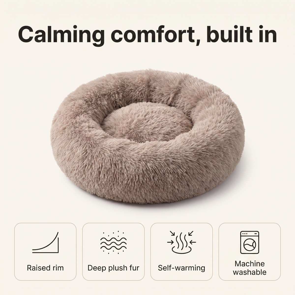 Calming donut bed feature overview: raised rim, deep plush fur, self-warming, machine washable
