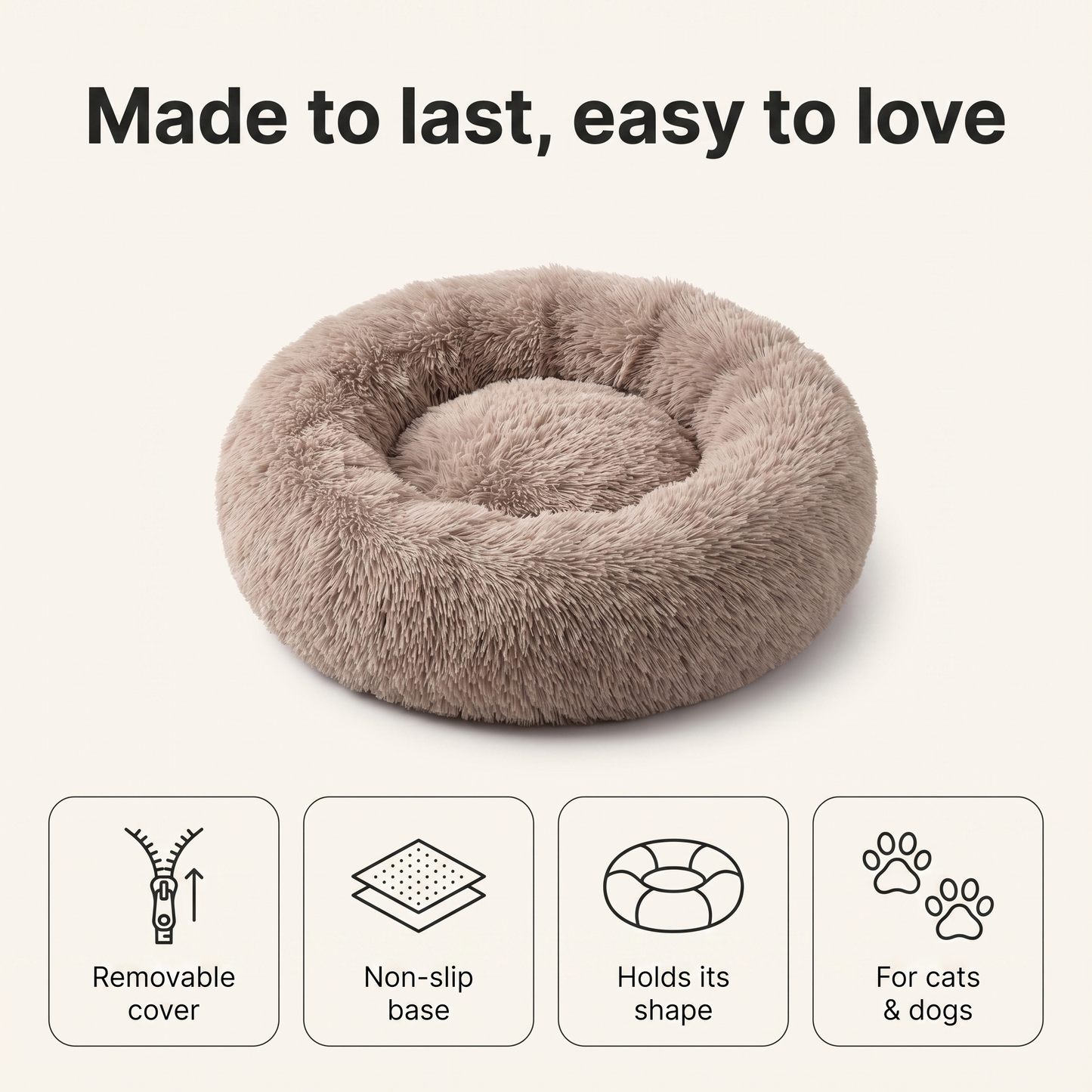 Donut bed durability features: removable cover, non-slip base, holds its shape, for cats and dogs