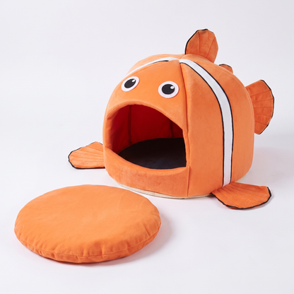 Clownfish cat cave bed with removable cushion, product photo