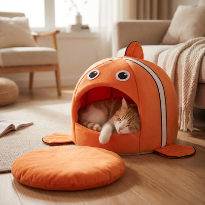 Cat curled up asleep inside the covered clownfish cave bed