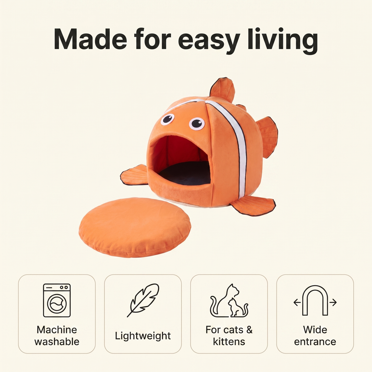 Clownfish cat cave: machine washable, lightweight, for cats and kittens, wide entrance