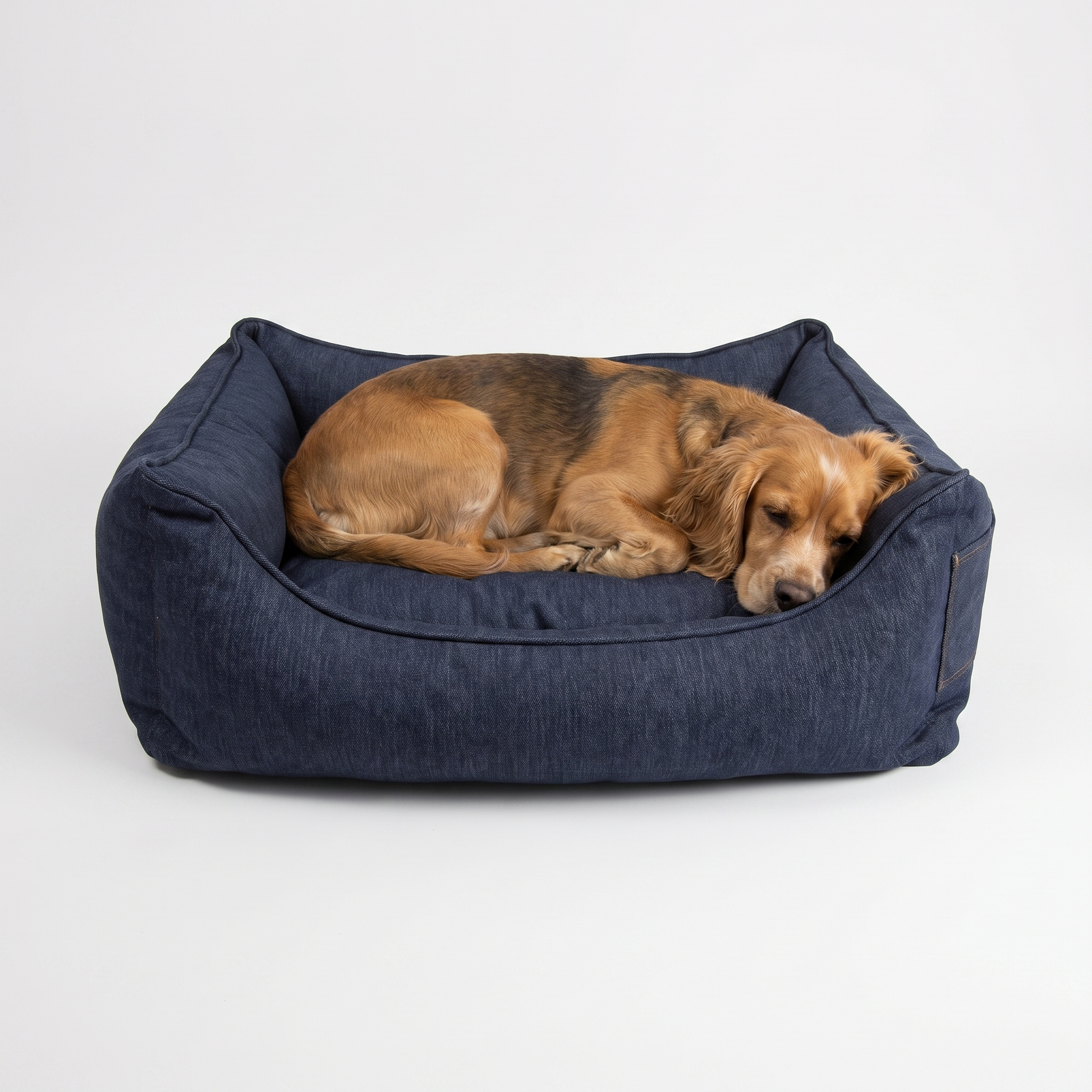 Dog curled up resting in the navy denim bolster dog bed