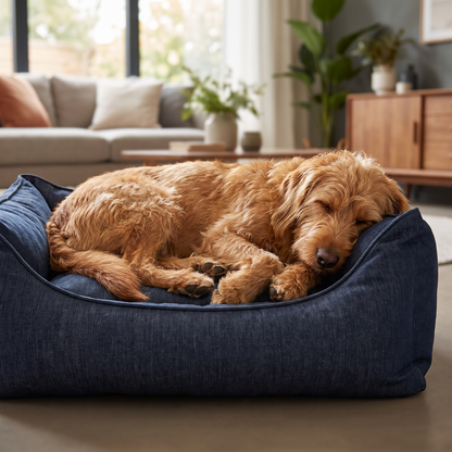 Dog asleep against the bolster side of the denim dog bed at home