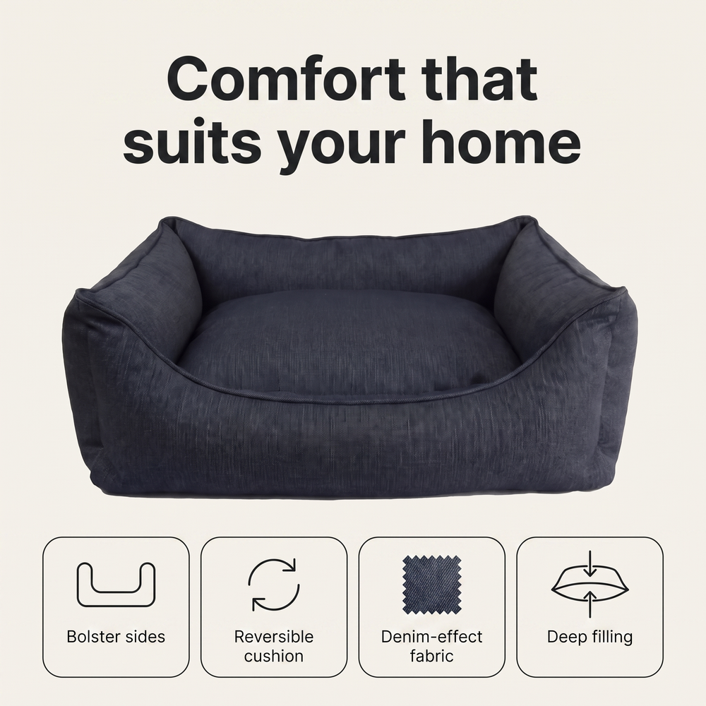 Denim dog bed features: bolster sides, reversible cushion, denim-effect fabric, deep filling