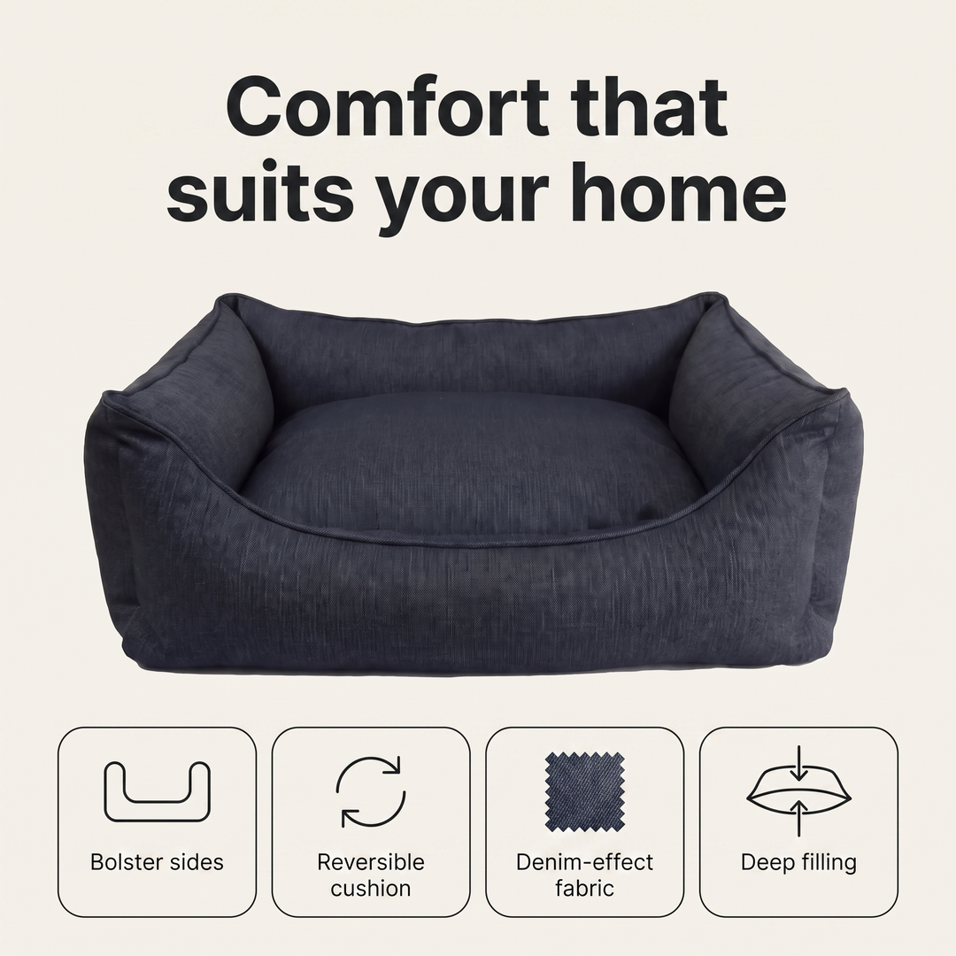 Denim dog bed features: bolster sides, reversible cushion, denim-effect fabric, deep filling