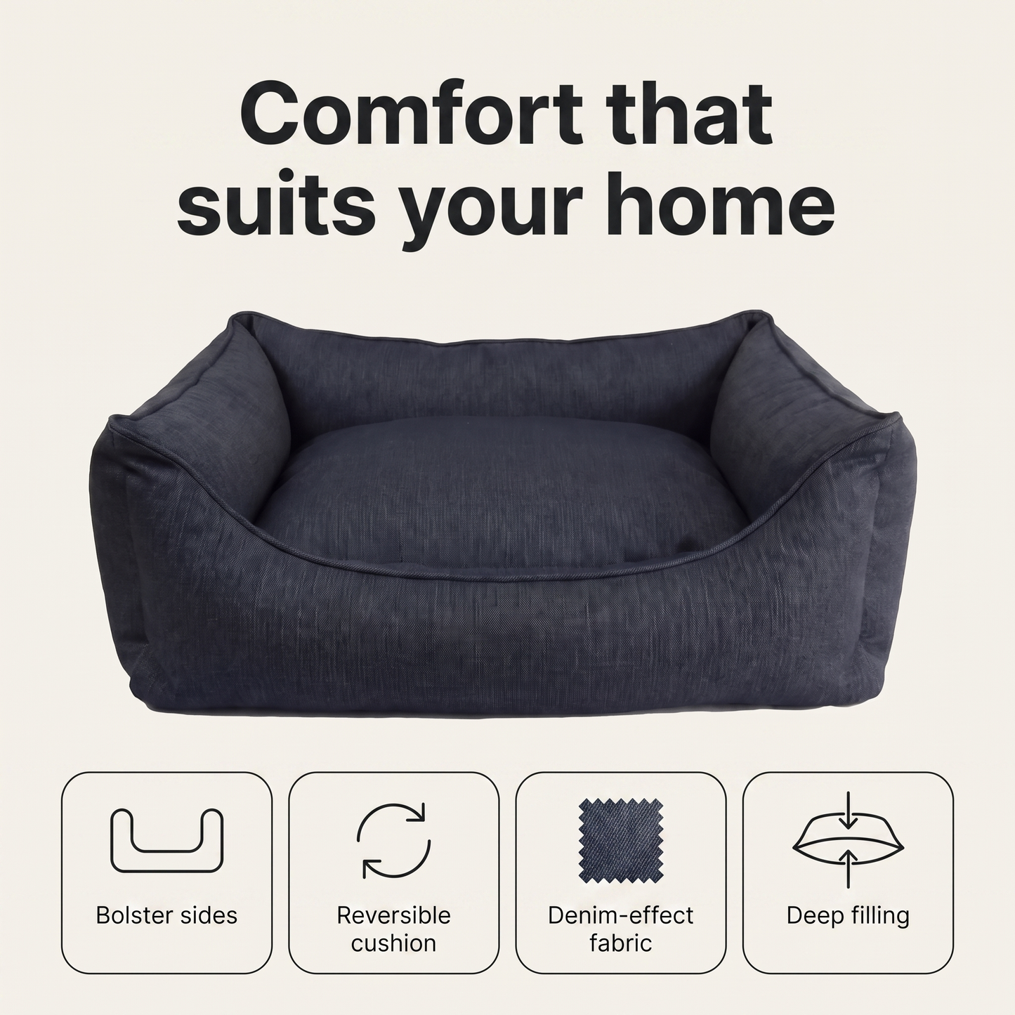 Denim dog bed features: bolster sides, reversible cushion, denim-effect fabric, deep filling