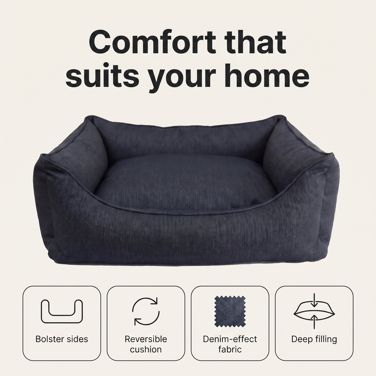 Denim dog bed features: bolster sides, reversible cushion, denim-effect fabric, deep filling